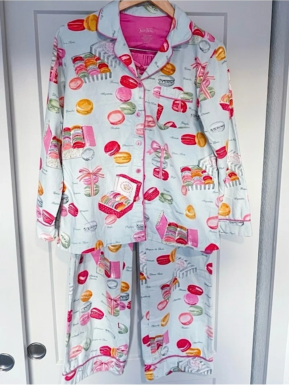 Nick & Nora Macaron Print Pajama Set - Light Blue, Pink & Yellow